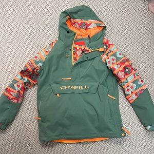 Sage, green, and orange O’Neill, ski/snowboarder jacket hoodie
